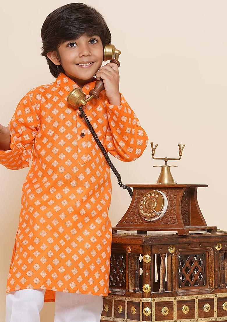Orange Ethnic Motifs Printed Mandarin Collar Long Sleeves Pure Cotton Kurta For Boys