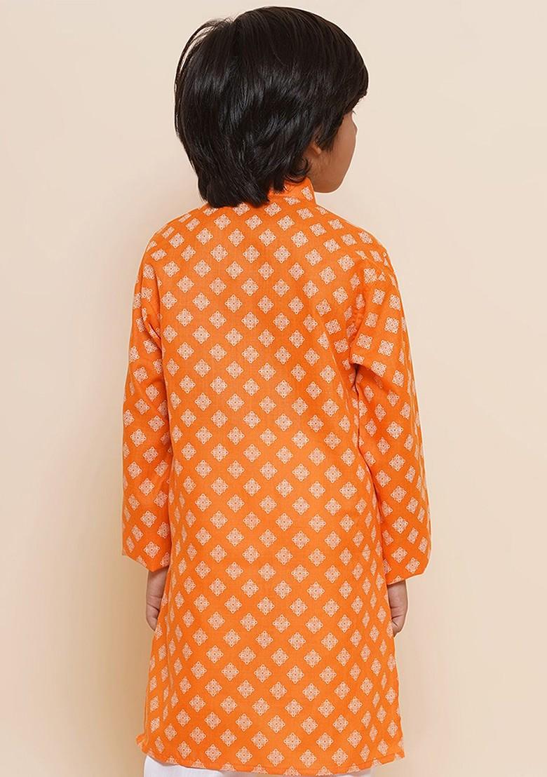 Orange Ethnic Motifs Printed Mandarin Collar Long Sleeves Pure Cotton Kurta For Boys