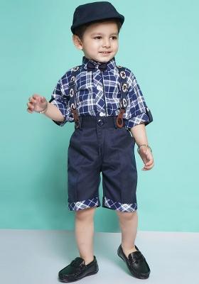Navy Blue Printed Cotton Shirt Bow Shorts With Cap Suspenders Clothing Set For Boys