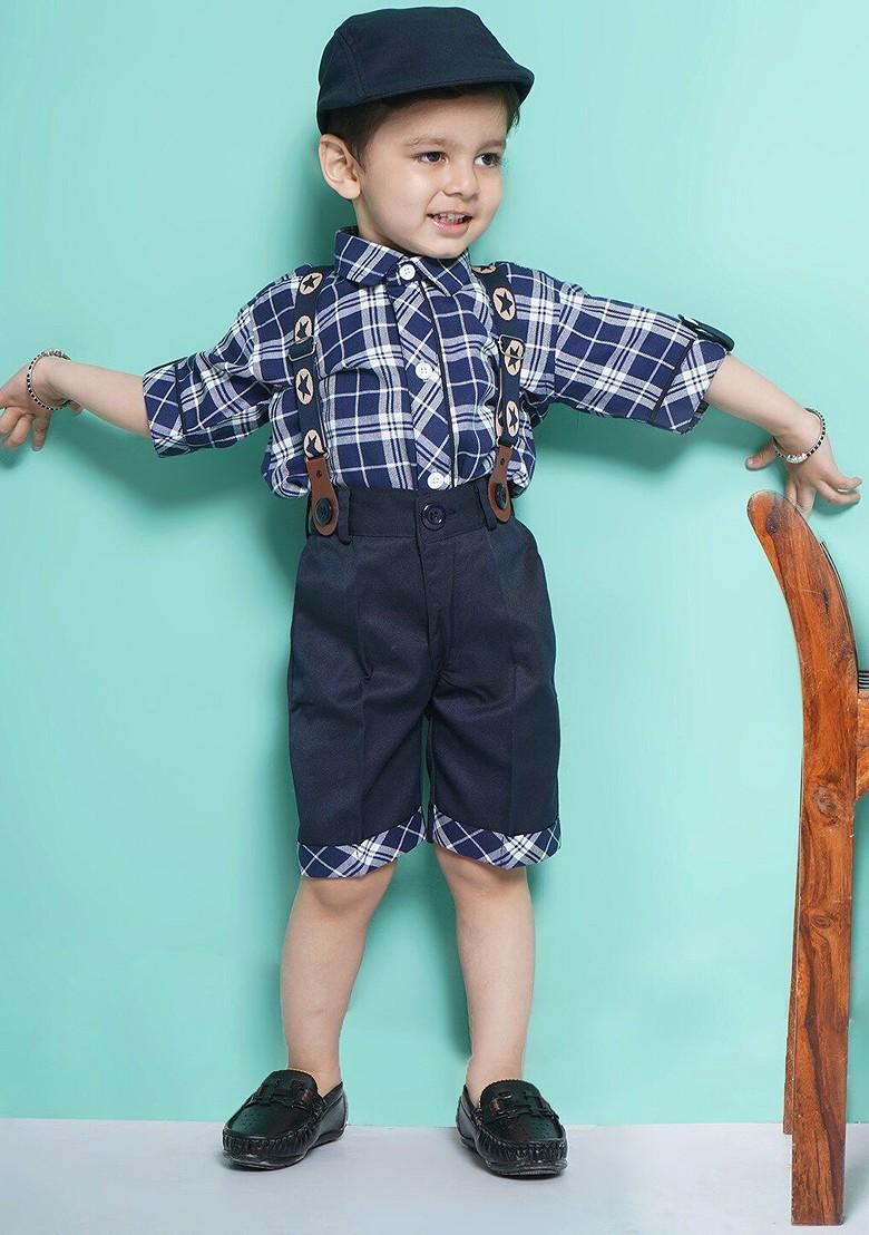 Navy Blue Printed Cotton Shirt Bow Shorts With Cap Suspenders Clothing Set For Boys