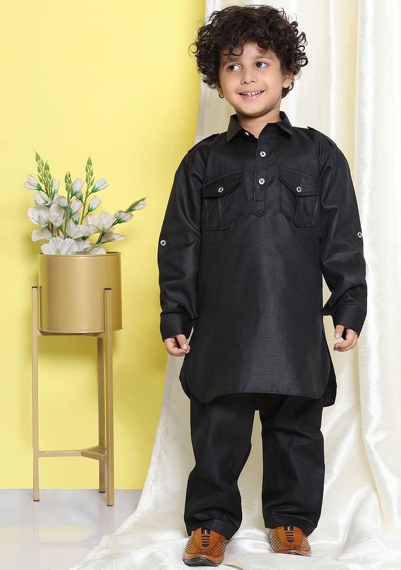 Black Pathani Regular Kurta With Pyjamas For Boys