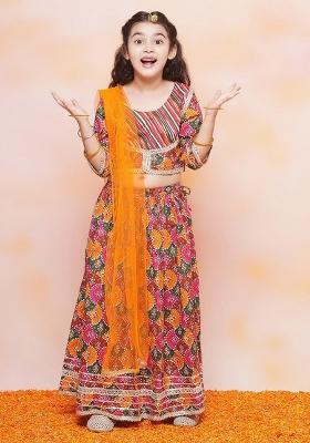 Orange Bandhani Printed Gotta Patti Ready To Wear Lehenga And Blouse With Dupatta For Girls
