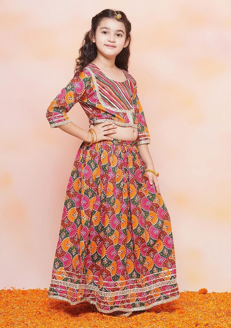 Orange Bandhani Printed Gotta Patti Ready To Wear Lehenga And Blouse With Dupatta For Girls