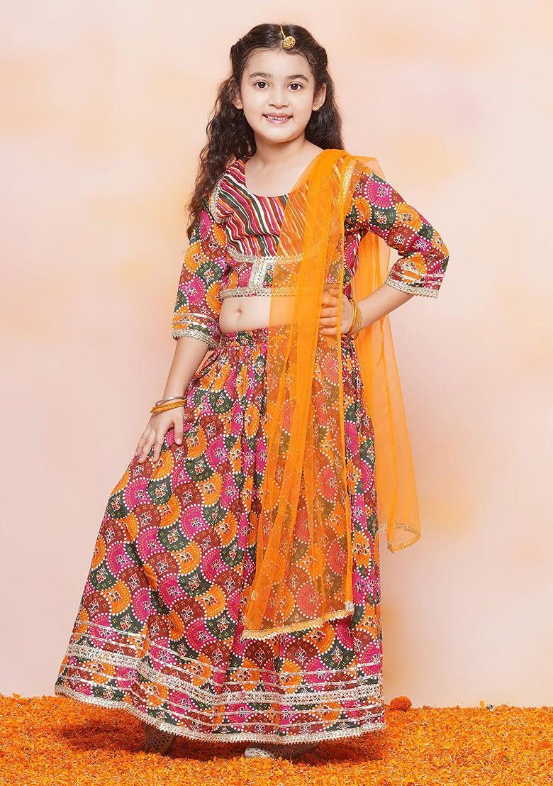 Orange Bandhani Printed Gotta Patti Ready To Wear Lehenga And Blouse With Dupatta For Girls