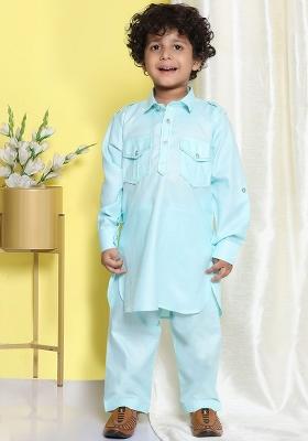 Blue Pathani Regular Kurta With Pyjamas For Boys