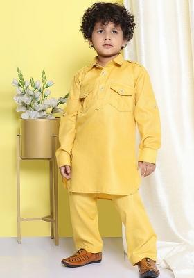 Mustard Curved Pathani Kurta With Pyjamas For Boys