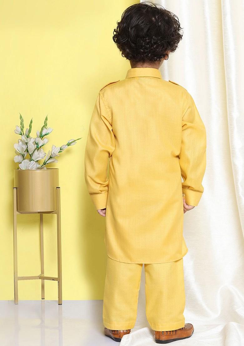 Mustard Curved Pathani Kurta With Pyjamas For Boys