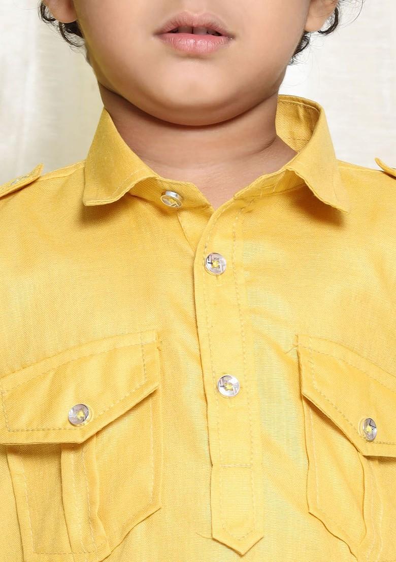 Mustard Curved Pathani Kurta With Pyjamas For Boys