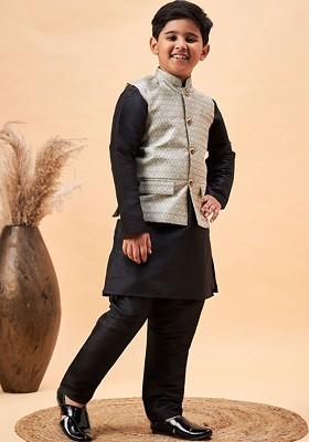 Boys Mandarin Collar Long Sleeves Kurta With Pyjamas And Nehru Jacket