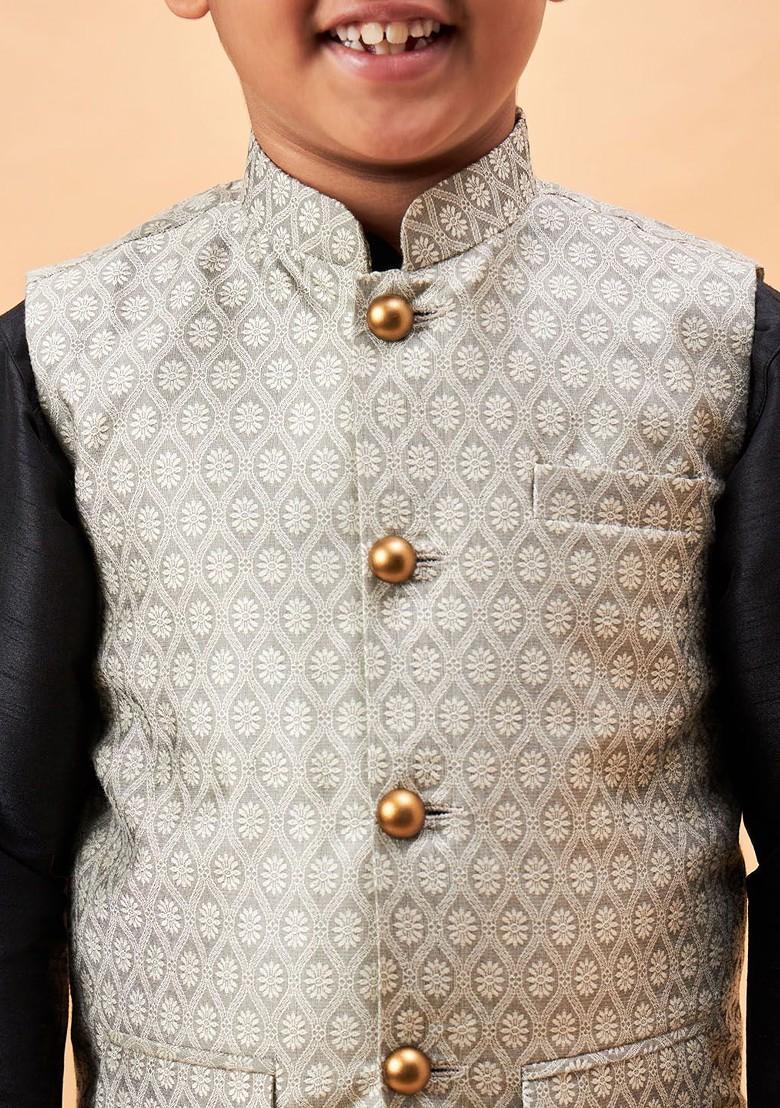 Boys Mandarin Collar Long Sleeves Kurta With Pyjamas And Nehru Jacket - Indya