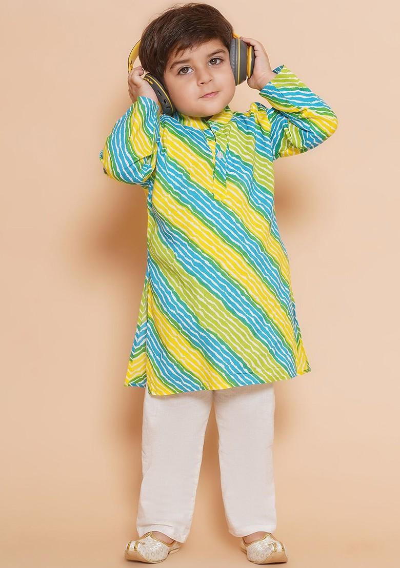 Blue Leheriya Printed Regular Pure Cotton Kurta With Pyjamas For Boys