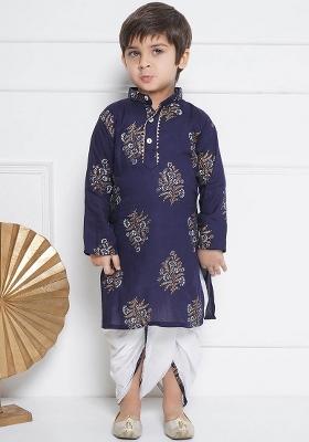 Blue Floral Printed Straight Pure Cotton Kurta With Dhoti Pant For Boys