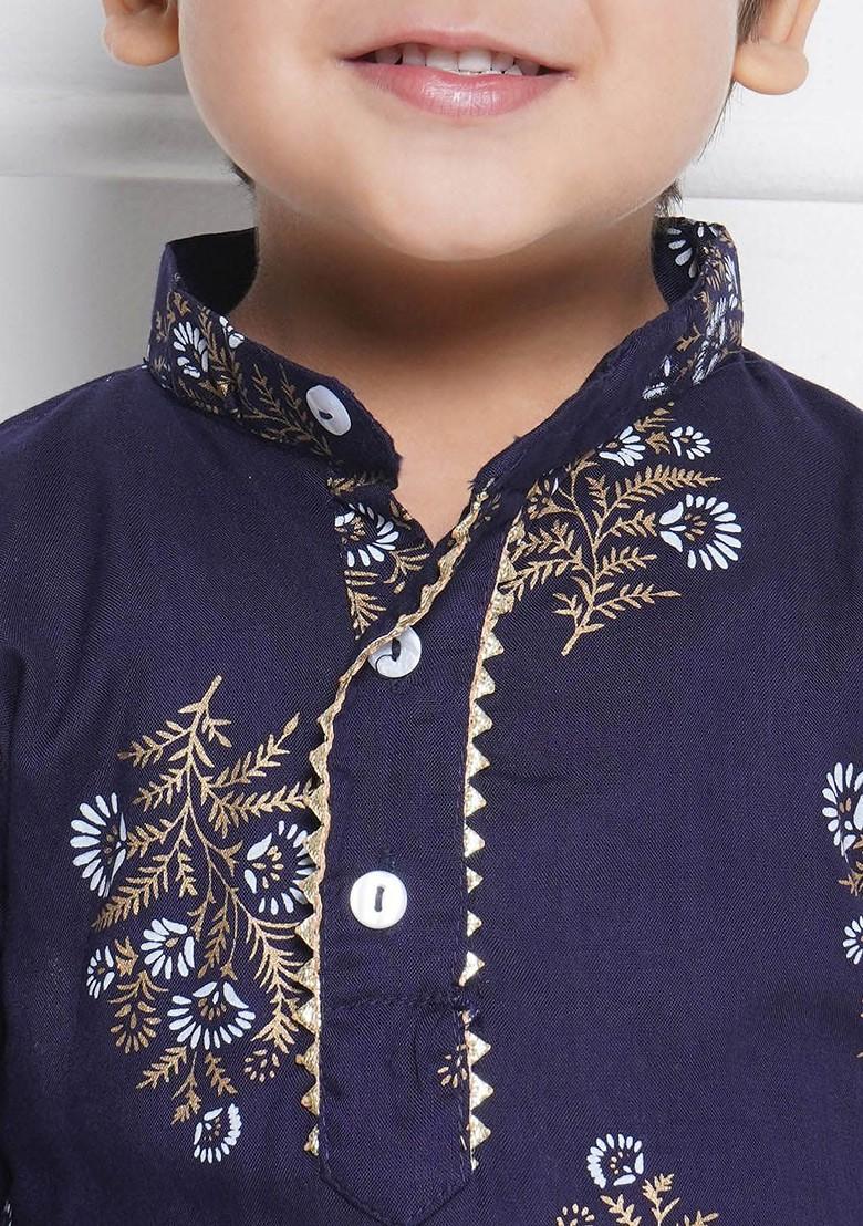 Blue Floral Printed Straight Pure Cotton Kurta With Dhoti Pant For Boys
