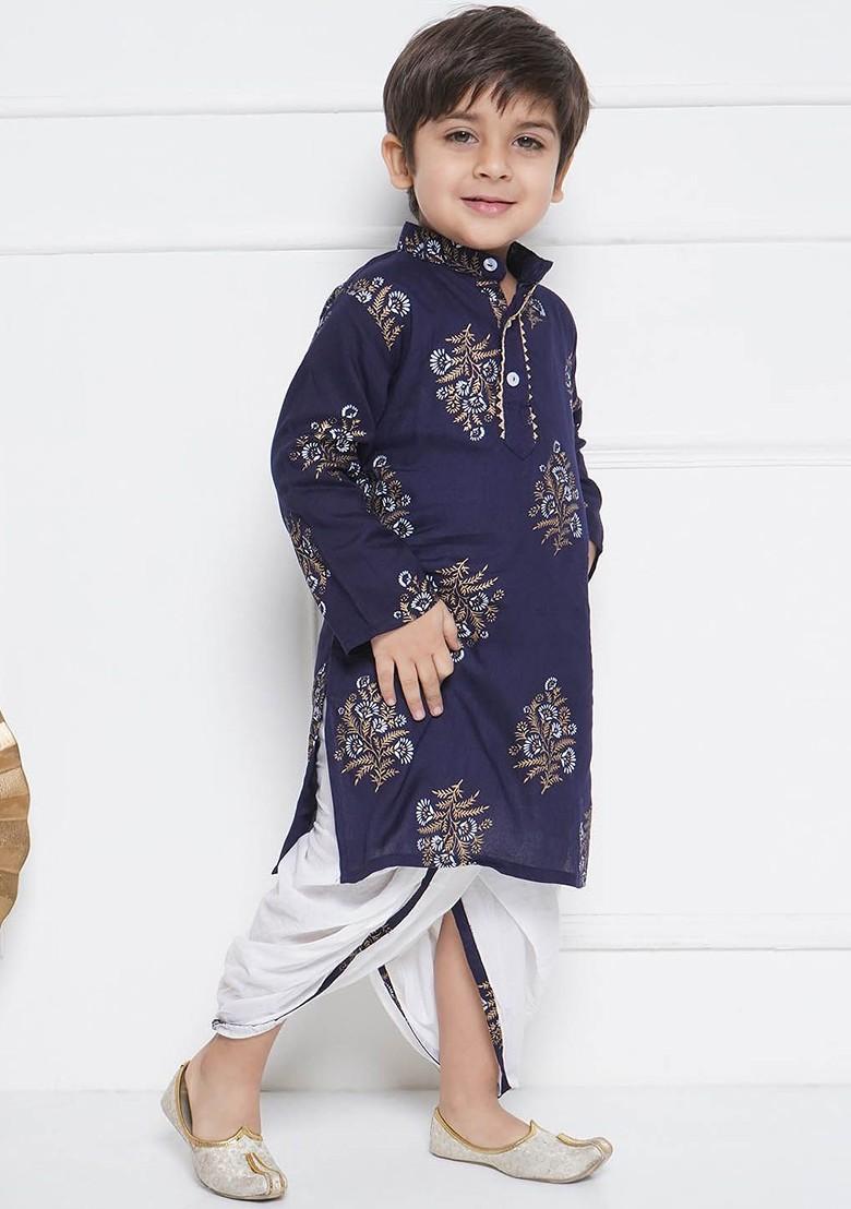 Blue Floral Printed Straight Pure Cotton Kurta With Dhoti Pant For Boys