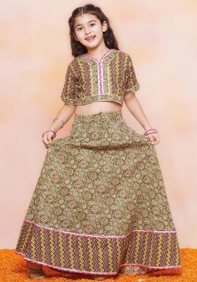 Green Ethnic Motifs Printed Gotta Patti Ready To Wear Lehenga Choli For Girls