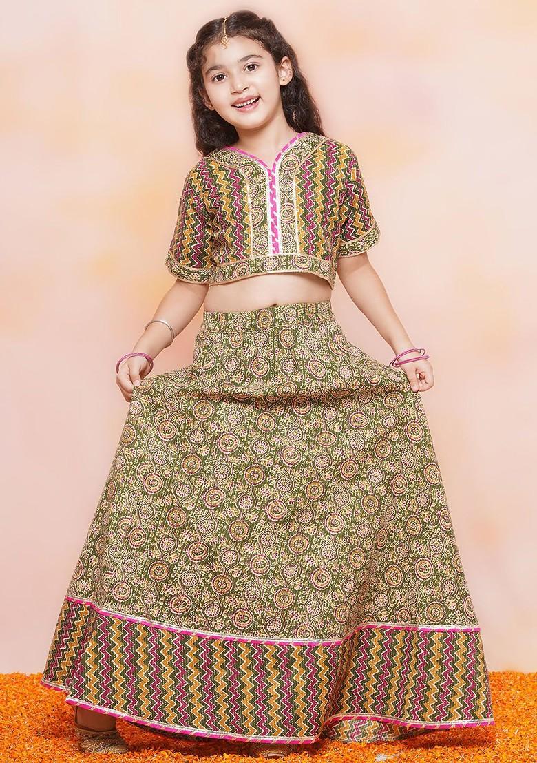 Green Ethnic Motifs Printed Gotta Patti Ready To Wear Lehenga Choli For Girls