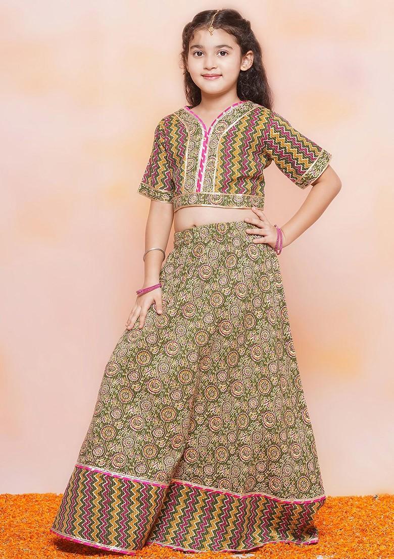 Green Ethnic Motifs Printed Gotta Patti Ready To Wear Lehenga Choli For Girls