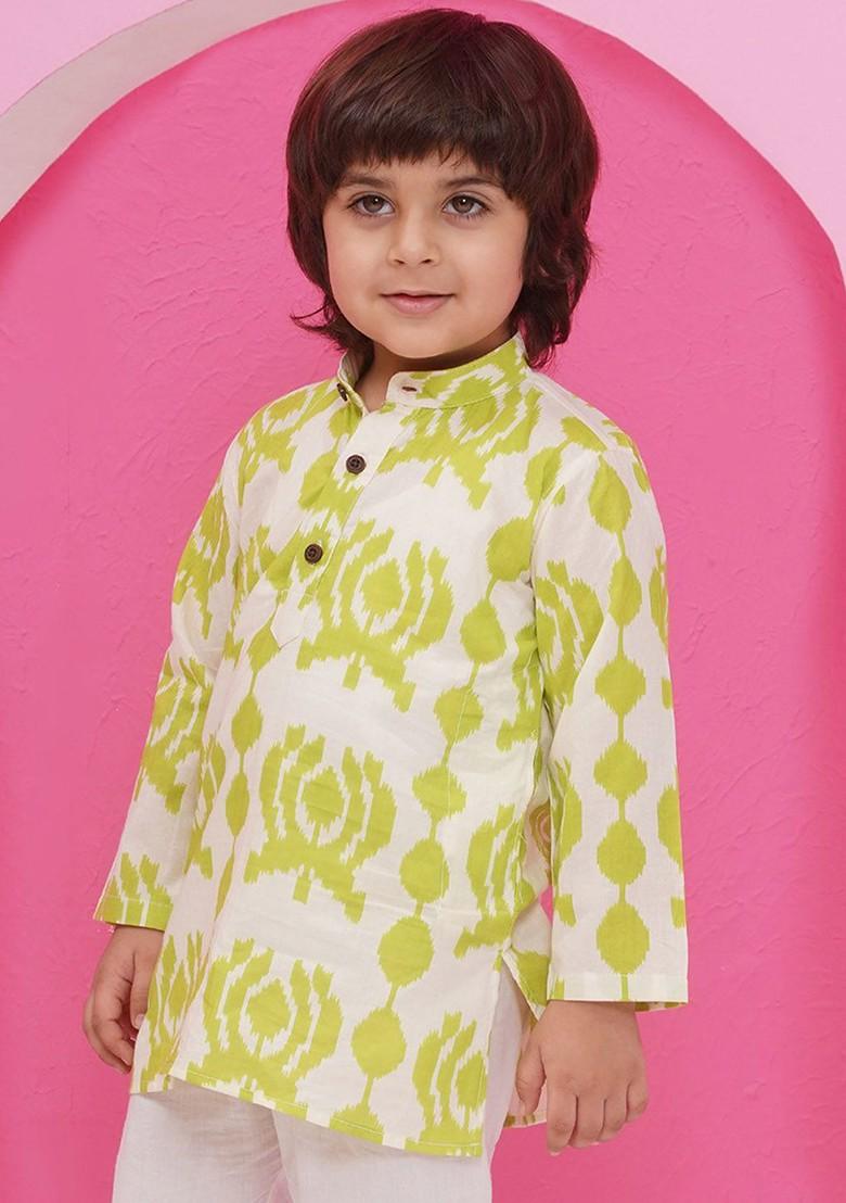 Green Geometric Printed Pure Cotton Straight Kurta For Boys