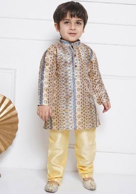 Beige Ethnic Motifs Printed Above Knee Straight Pure Cotton Kurta With Pyjama For Boys