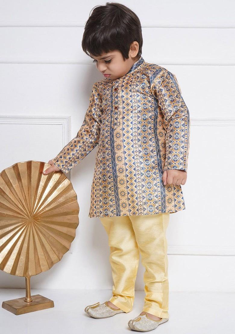 Beige Ethnic Motifs Printed Above Knee Straight Pure Cotton Kurta With Pyjama For Boys