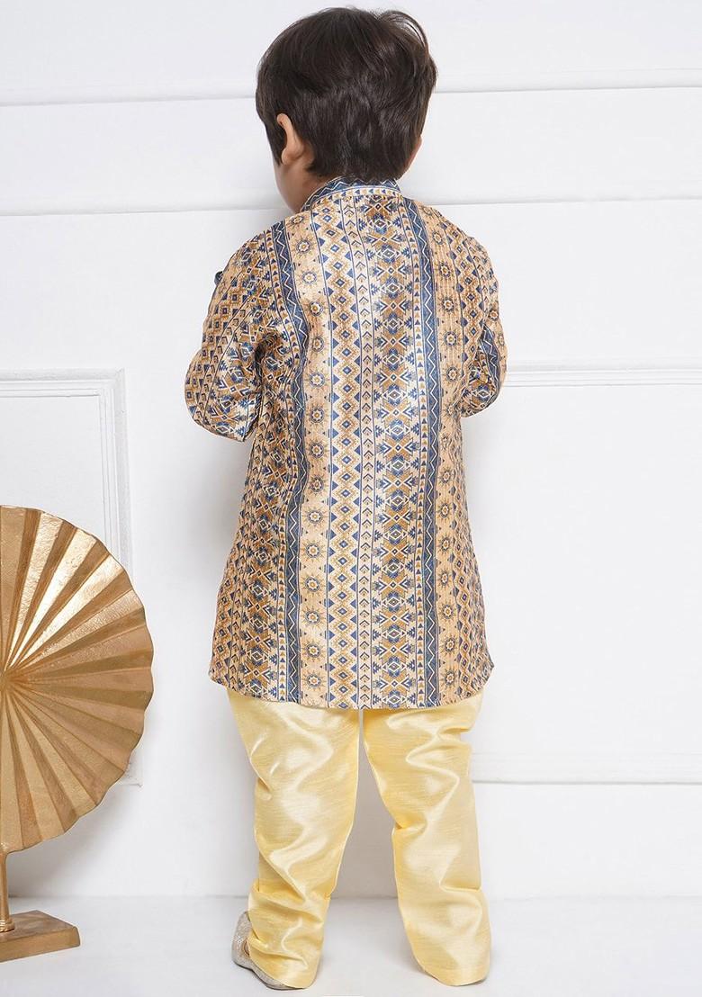 Beige Ethnic Motifs Printed Above Knee Straight Pure Cotton Kurta With Pyjama For Boys