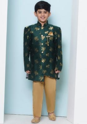 Green Printed Mandarin Collar Silk Georgette Sherwani Set For Boys