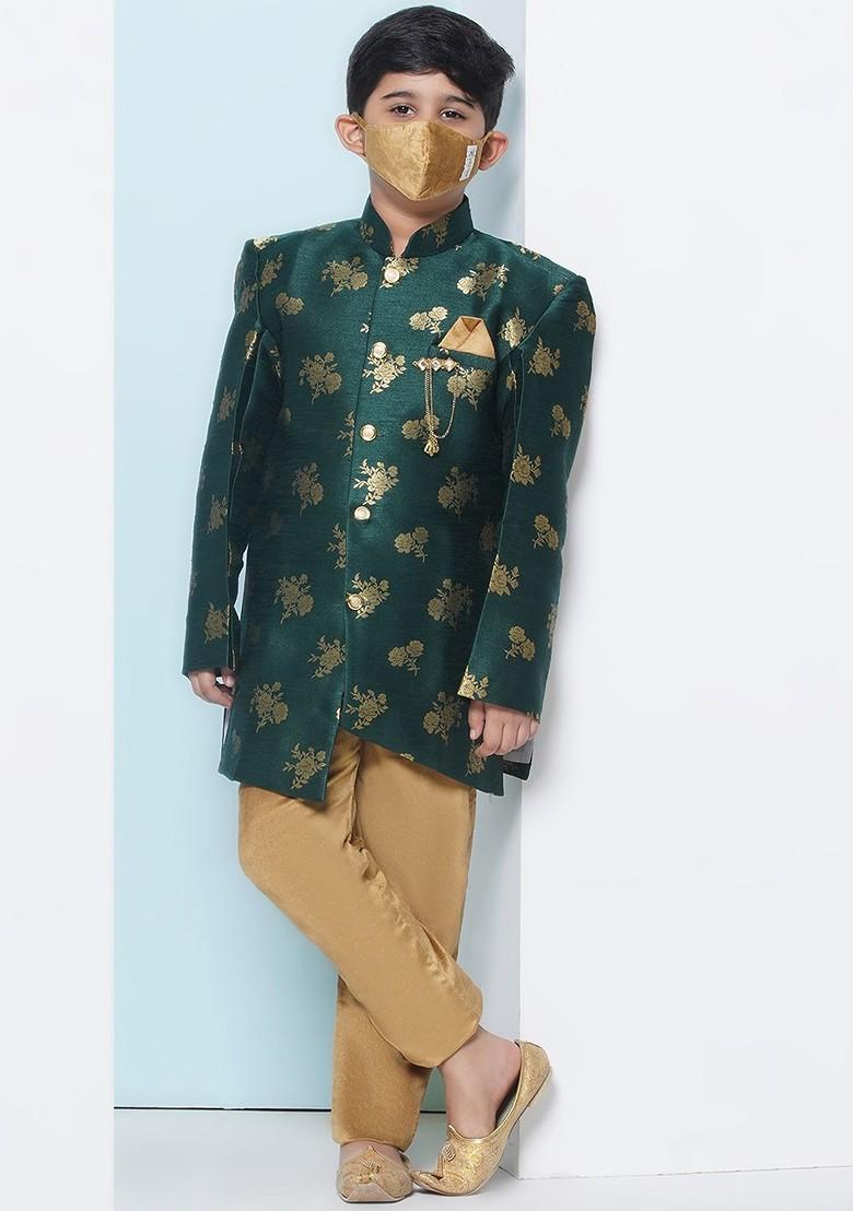Green Printed Mandarin Collar Silk Georgette Sherwani Set For Boys