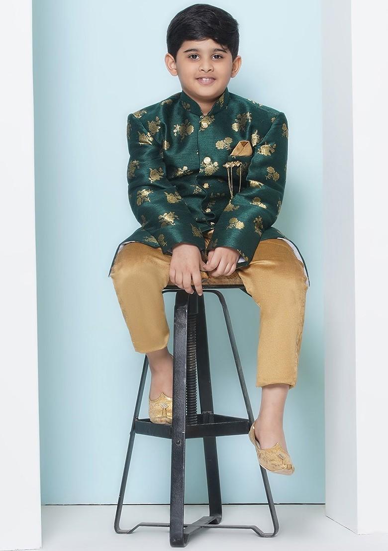 Green Printed Mandarin Collar Silk Georgette Sherwani Set For Boys