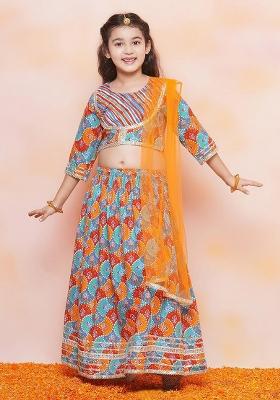 Blue Bandhani Printed Ready To Wear Cotton Lehenga And Blouse With Dupatta For Girls
