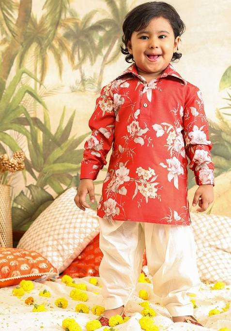 Boys Floral Printed Shirt Collar Regular Kurta With Patiala
