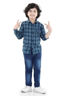 Blue Checked Cotton Shirt With Jeans For Boys