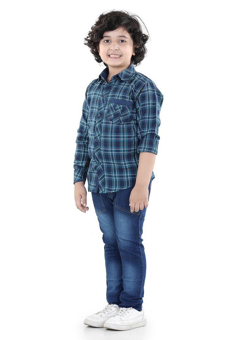 Blue Checked Cotton Shirt With Jeans For Boys