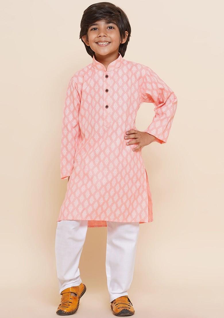 Pink Ethnic Motifs Printed Pure Cotton Kurta With Pyjamas For Boys