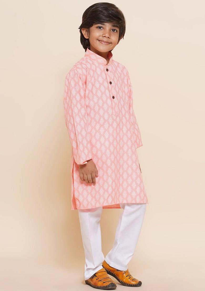 Pink Ethnic Motifs Printed Pure Cotton Kurta With Pyjamas For Boys