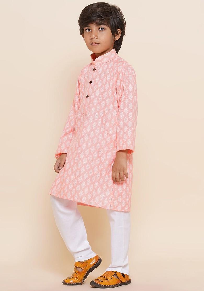 Pink Ethnic Motifs Printed Pure Cotton Kurta With Pyjamas For Boys