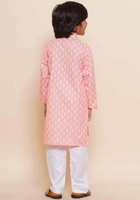 Pink Ethnic Motifs Printed Pure Cotton Kurta With Pyjamas For Boys
