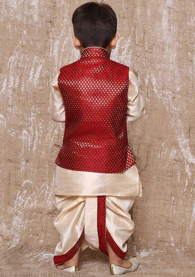 Maroon Mandarin Collar Raw Silk Kurta With Dhoti Pants And Nehru Jacket For Boys