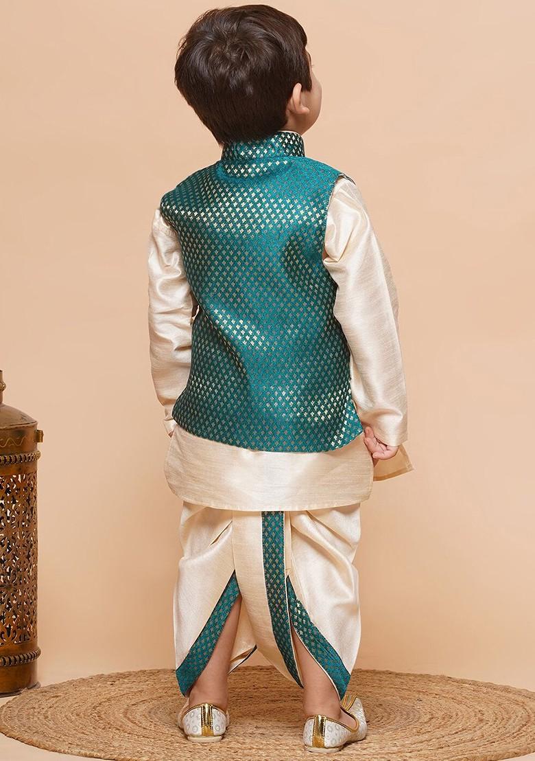 Green Mandarin Collar Raw Silk Kurta With Dhoti Pants And Nehru Jacket For Boys