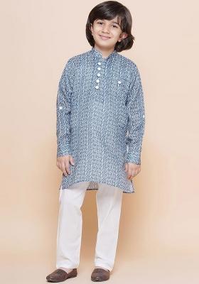 Blue Ethnic Motifs Mandarin Collar Pure Cotton Kurta With Pyjama For Boys