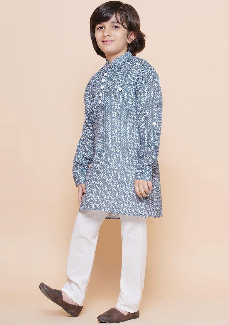 Blue Ethnic Motifs Mandarin Collar Pure Cotton Kurta With Pyjama For Boys