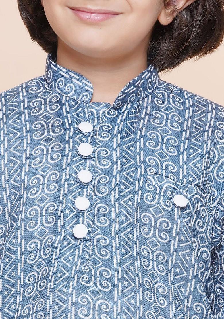 Blue Ethnic Motifs Mandarin Collar Pure Cotton Kurta With Pyjama For Boys