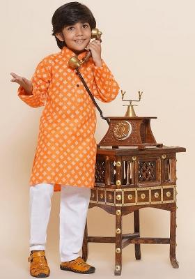 Orange Ethnic Motifs Printed Pure Cotton Kurta With Pyjamas For Boys