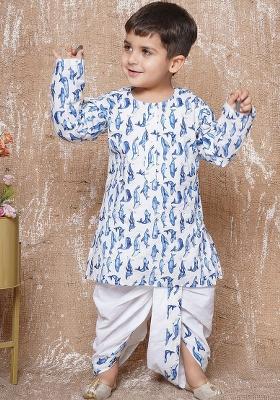 Blue Quirky Printed Pure Cotton Kurta With Dhoti Pants For Boys