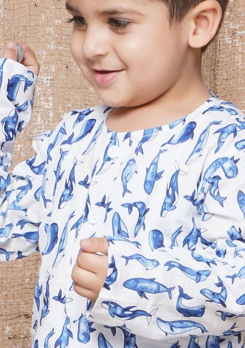 Blue Quirky Printed Pure Cotton Kurta With Dhoti Pants For Boys