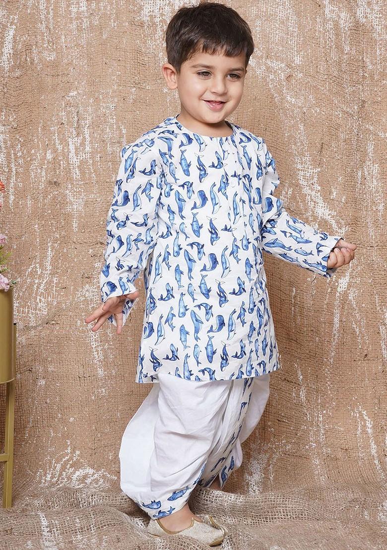 Blue Quirky Printed Pure Cotton Kurta With Dhoti Pants For Boys