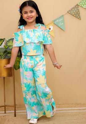 Blue Floral Printed Pure Cotton Top With Palazzo For Girls