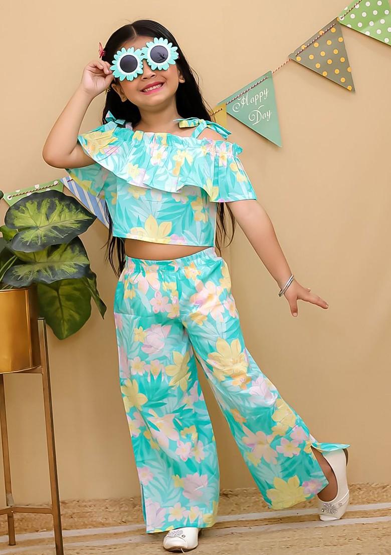Blue Floral Printed Pure Cotton Top With Palazzo For Girls