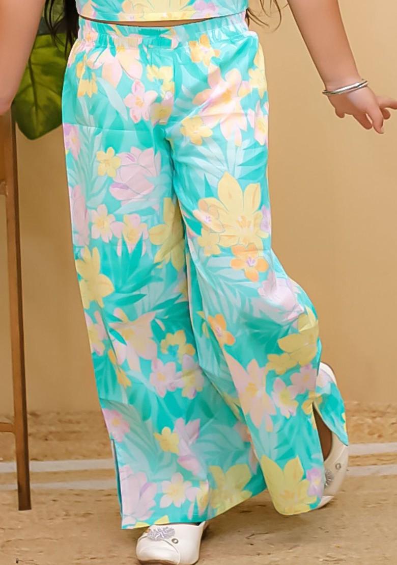 Blue Floral Printed Pure Cotton Top With Palazzo For Girls