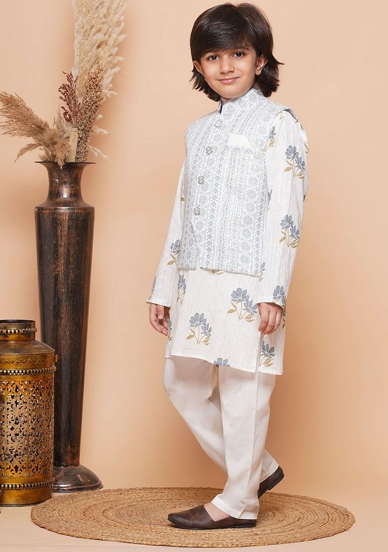 Grey Floral Printed Pure Cotton Kurta With Trousers And Nehru Jacket For Boys