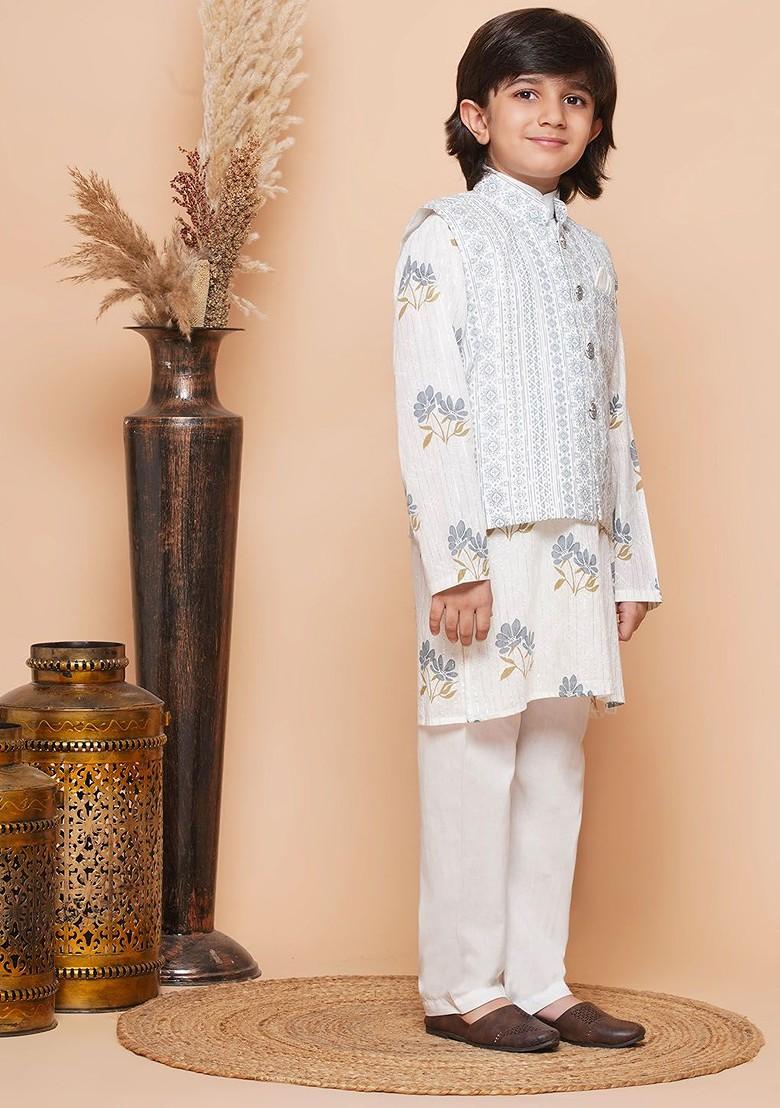 Grey Floral Printed Pure Cotton Kurta With Trousers And Nehru Jacket For Boys